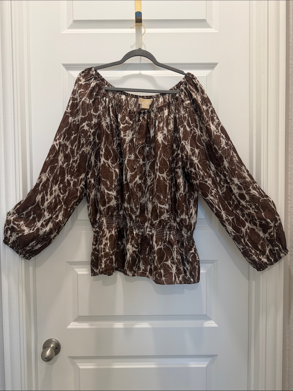 MICHAEL Michael Kors Brown and White Marble-Print Peasant Blouse